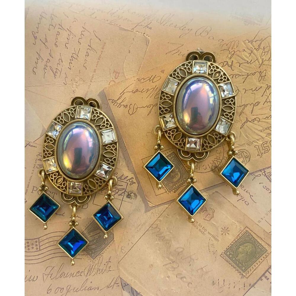 Ornate Iridescent Cabochon Sapphire Blue Crystal Drop Statement Earrings